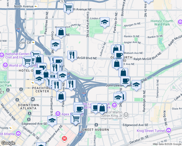 map of restaurants, bars, coffee shops, grocery stores, and more near in Atlanta