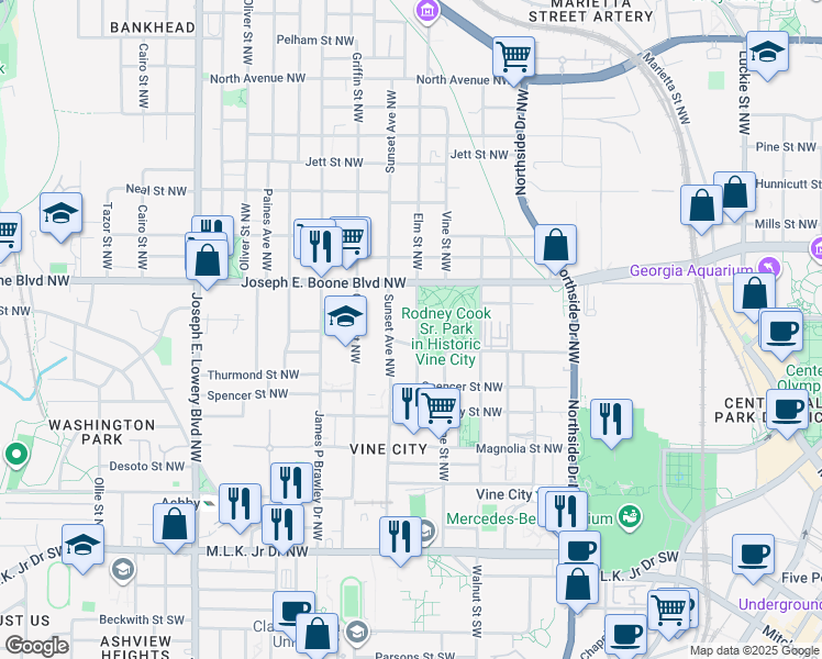 map of restaurants, bars, coffee shops, grocery stores, and more near 265 Sunset Avenue Northwest in Atlanta