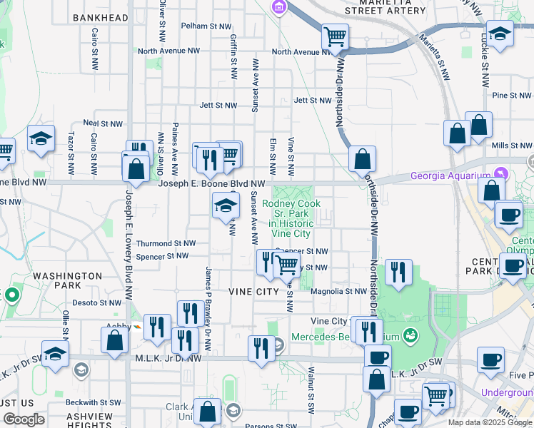 map of restaurants, bars, coffee shops, grocery stores, and more near 265 Sunset Avenue Northwest in Atlanta