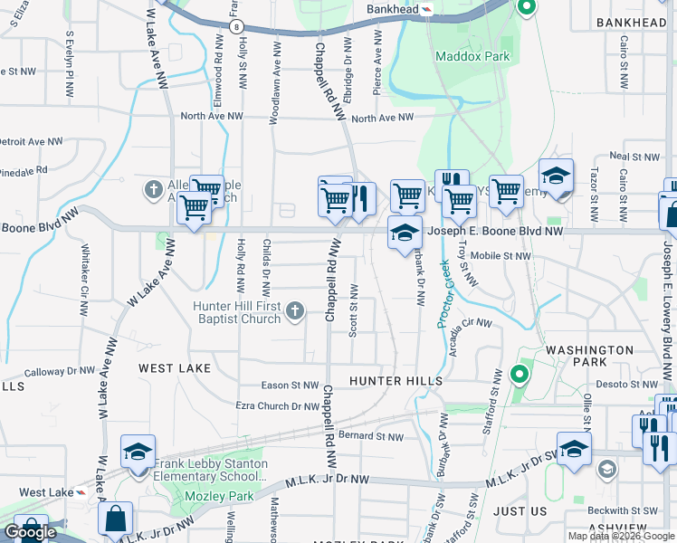 map of restaurants, bars, coffee shops, grocery stores, and more near 250 Chappell Road Northwest in Atlanta