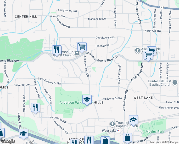 map of restaurants, bars, coffee shops, grocery stores, and more near 251 Anderson Avenue Northwest in Atlanta