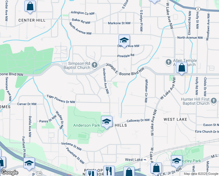map of restaurants, bars, coffee shops, grocery stores, and more near 251 Anderson Avenue Northwest in Atlanta