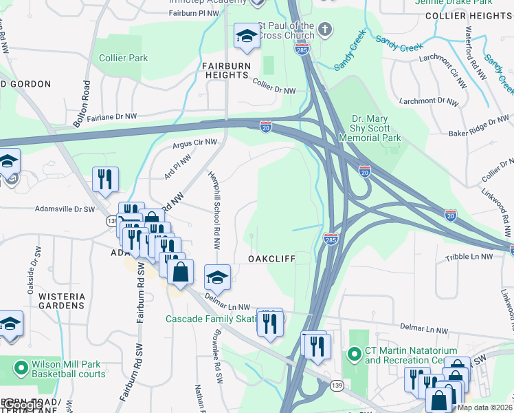 map of restaurants, bars, coffee shops, grocery stores, and more near 255 Oakcliff Court Northwest in Atlanta