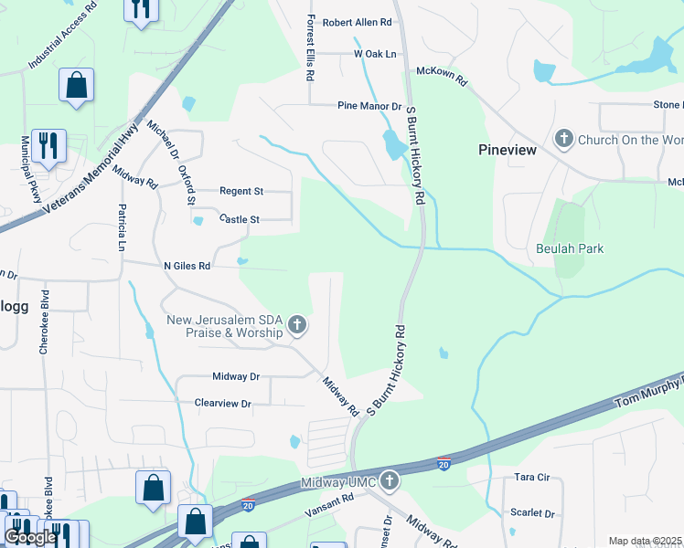 map of restaurants, bars, coffee shops, grocery stores, and more near 1620 Nutmeg Street in Douglasville