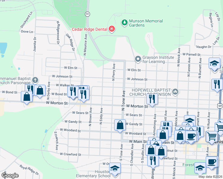 map of restaurants, bars, coffee shops, grocery stores, and more near 1130 West Walker Street in Denison