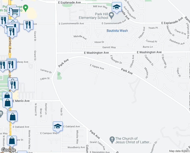 map of restaurants, bars, coffee shops, grocery stores, and more near 2452 Menlo Avenue in San Jacinto