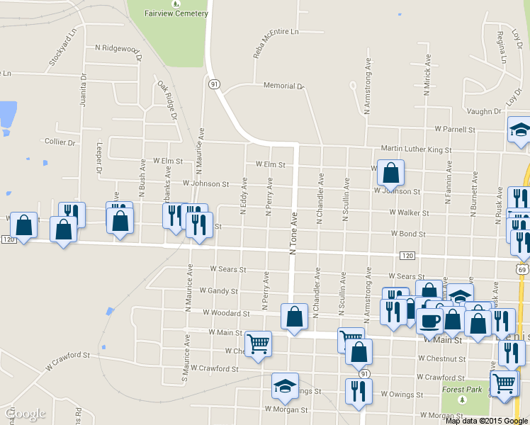 map of restaurants, bars, coffee shops, grocery stores, and more near 1200 West Walker Street in Denison