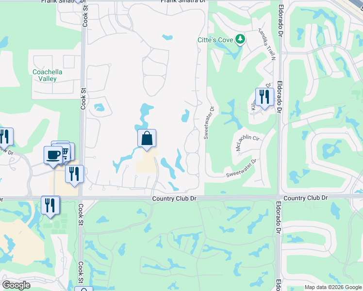map of restaurants, bars, coffee shops, grocery stores, and more near 181 Desert Falls Circle in Palm Desert