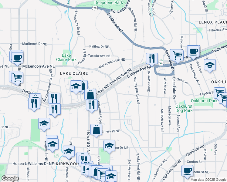 map of restaurants, bars, coffee shops, grocery stores, and more near 312 Rockyford Road Northeast in Atlanta