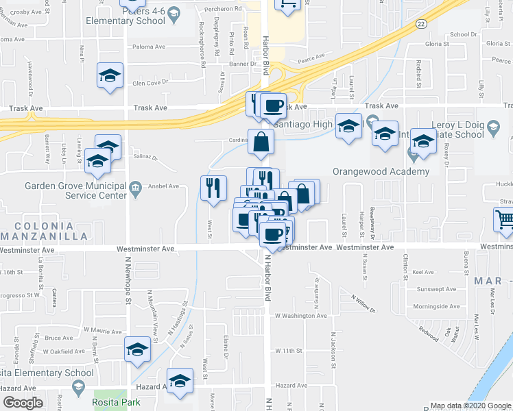 map of restaurants, bars, coffee shops, grocery stores, and more near 13821 Harbor Boulevard in Garden Grove