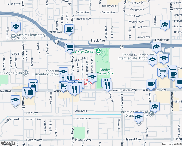 map of restaurants, bars, coffee shops, grocery stores, and more near 13811 McMains Street in Garden Grove
