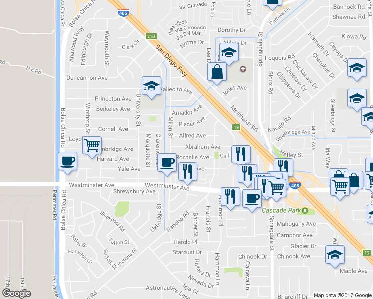 map of restaurants, bars, coffee shops, grocery stores, and more near 5602 Abraham Avenue in Westminster