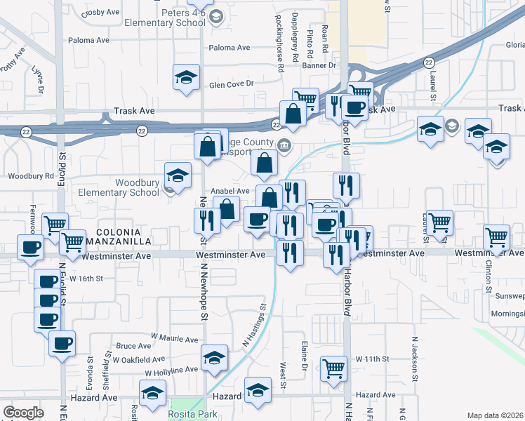 map of restaurants, bars, coffee shops, grocery stores, and more near 13841 A Better Way in Garden Grove