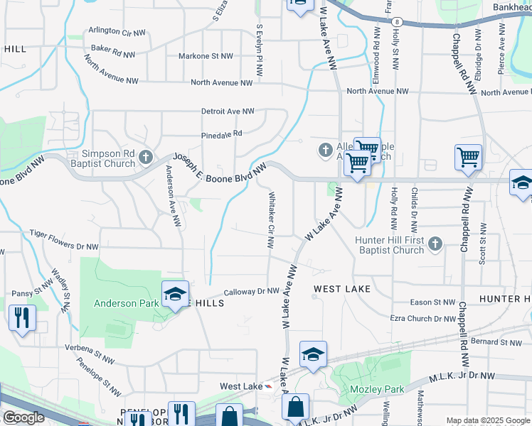 map of restaurants, bars, coffee shops, grocery stores, and more near 222 Whitaker Cir NW in Atlanta