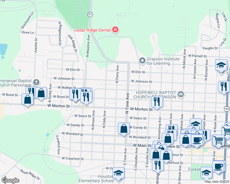 map of restaurants, bars, coffee shops, grocery stores, and more near 1200 West Walker Street in Denison