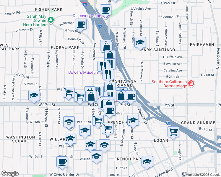 map of restaurants, bars, coffee shops, grocery stores, and more near 1903 North Main Street in Santa Ana