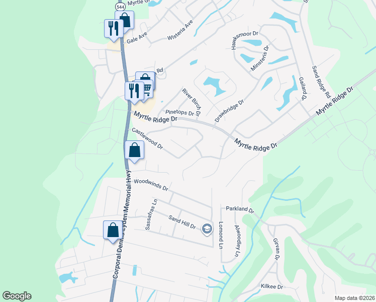 map of restaurants, bars, coffee shops, grocery stores, and more near 911 Castlewood Lane in Conway
