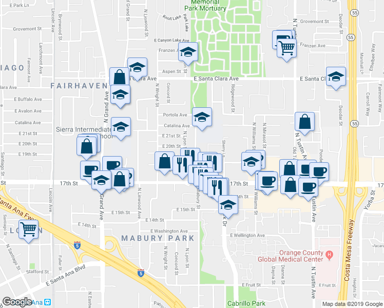 map of restaurants, bars, coffee shops, grocery stores, and more near 1902 Mabury Street in Santa Ana