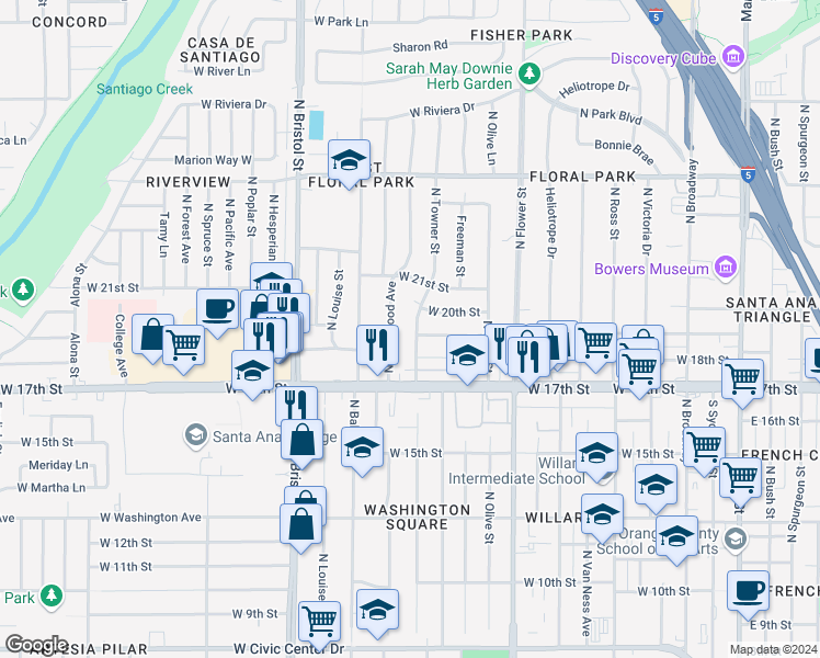 map of restaurants, bars, coffee shops, grocery stores, and more near 1902 North Towner Street in Santa Ana