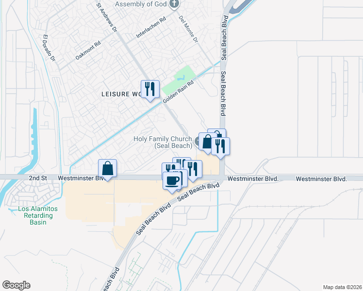 map of restaurants, bars, coffee shops, grocery stores, and more near 13860 Saint Andrews Drive in Seal Beach