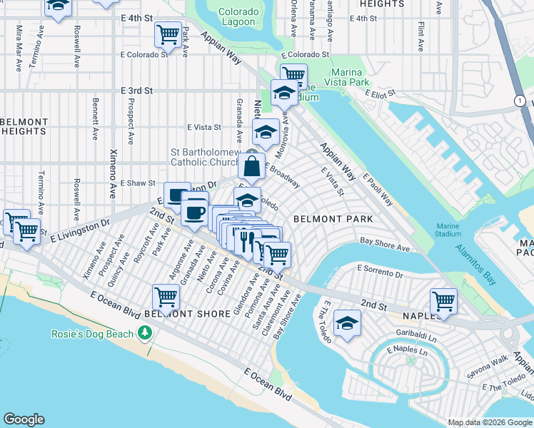 map of restaurants, bars, coffee shops, grocery stores, and more near 248 Covina Avenue in Long Beach