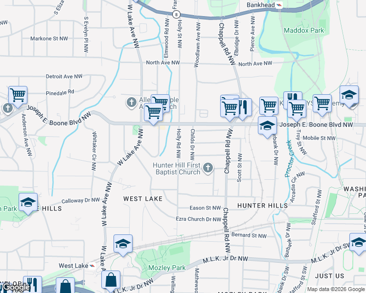 map of restaurants, bars, coffee shops, grocery stores, and more near 246 Holly Road Northwest in Atlanta