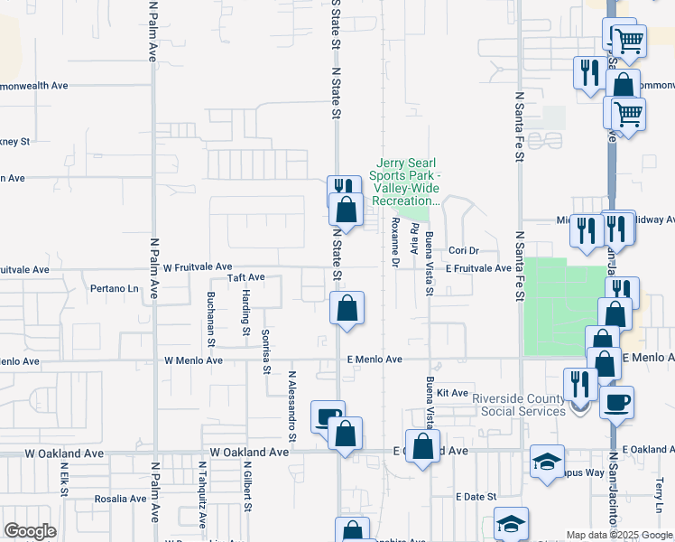 map of restaurants, bars, coffee shops, grocery stores, and more near 0 North State Street in Hemet