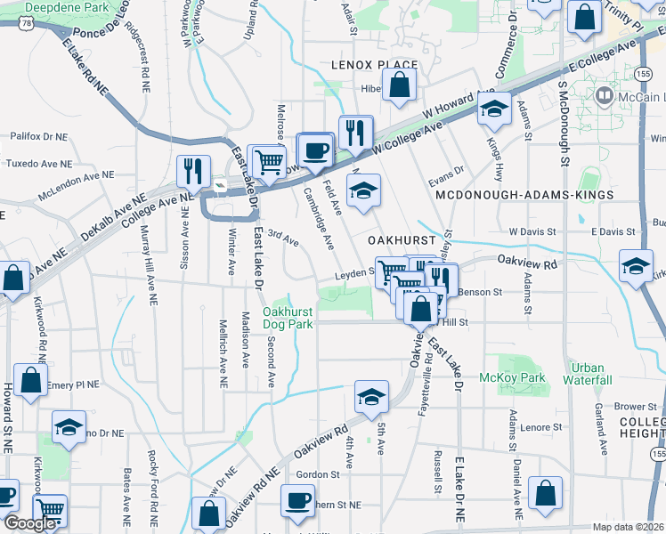 map of restaurants, bars, coffee shops, grocery stores, and more near 267 Cambridge Avenue in Decatur