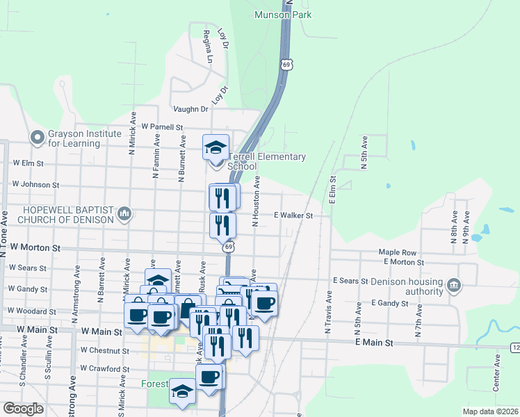 map of restaurants, bars, coffee shops, grocery stores, and more near 121 East Walker Street in Denison