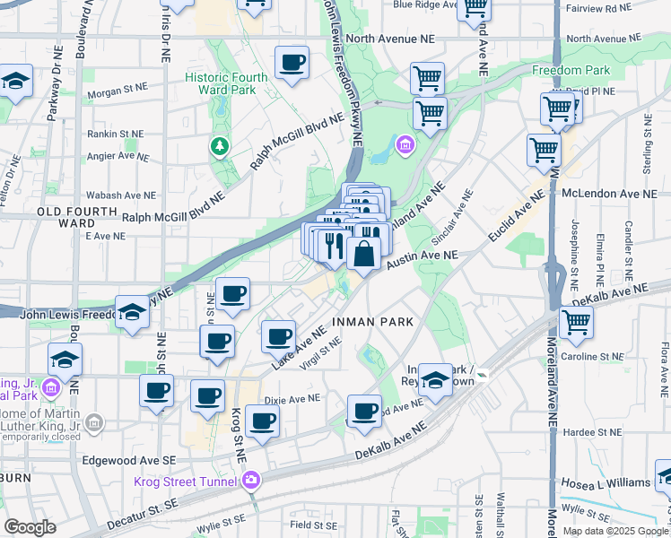 map of restaurants, bars, coffee shops, grocery stores, and more near 245 North Highland Avenue Northeast in Atlanta
