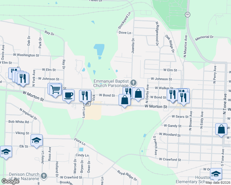 map of restaurants, bars, coffee shops, grocery stores, and more near 2011 West Bond Street in Denison