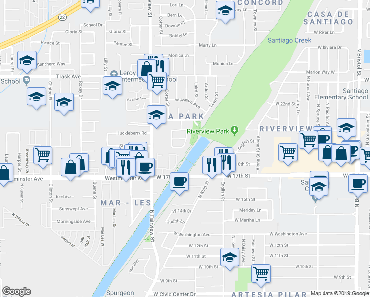 map of restaurants, bars, coffee shops, grocery stores, and more near 1901 Laird Street in Santa Ana