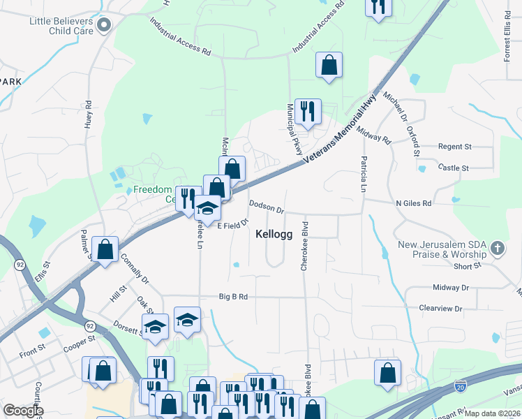 map of restaurants, bars, coffee shops, grocery stores, and more near 1617 West Kellogg Circle in Douglasville