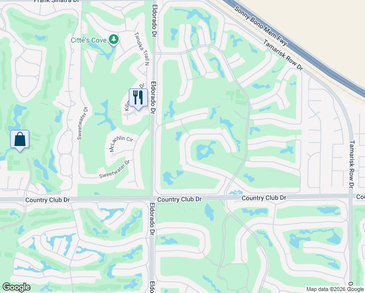 map of restaurants, bars, coffee shops, grocery stores, and more near 76269 Sweet Pea Way in Palm Desert