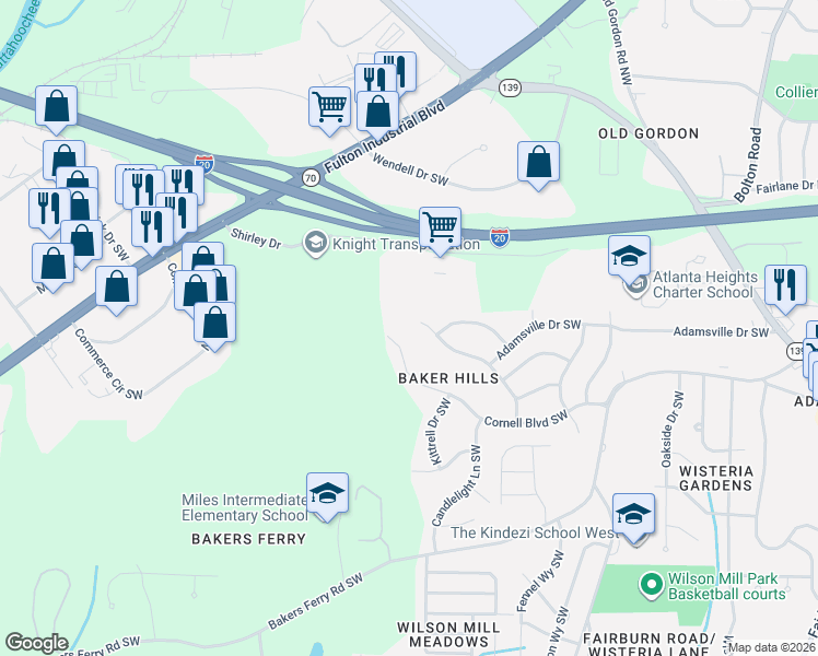 map of restaurants, bars, coffee shops, grocery stores, and more near 314 Whitworth Drive Southwest in Atlanta