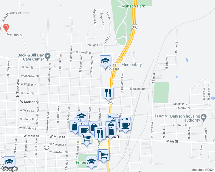 map of restaurants, bars, coffee shops, grocery stores, and more near 211 West Walker Street in Denison