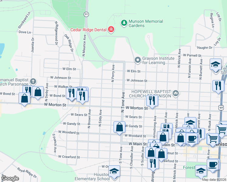 map of restaurants, bars, coffee shops, grocery stores, and more near 1130 West Walker Street in Denison