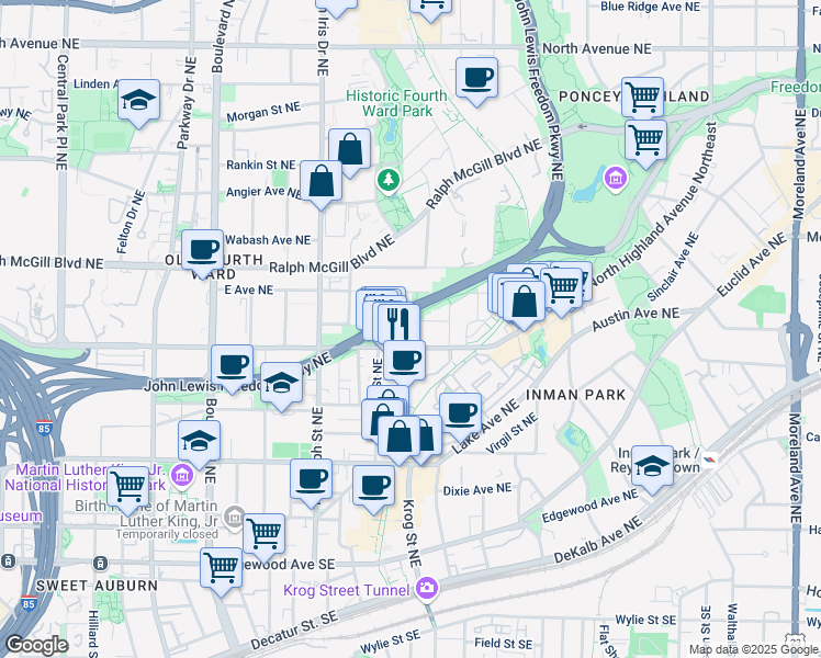 map of restaurants, bars, coffee shops, grocery stores, and more near 701 Kendall Street Northeast in Atlanta