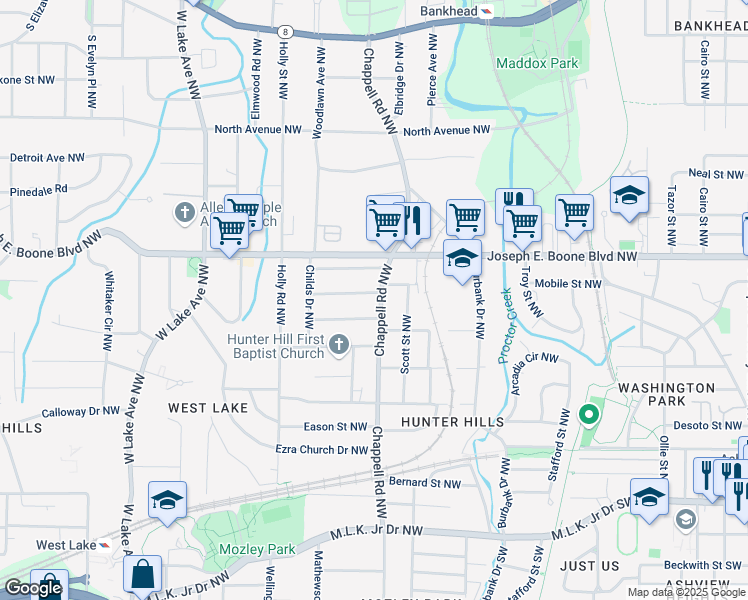 map of restaurants, bars, coffee shops, grocery stores, and more near 250 Chappell Road Northwest in Atlanta