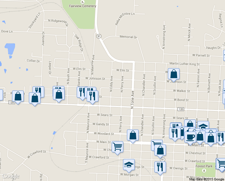 map of restaurants, bars, coffee shops, grocery stores, and more near 1230 West Walker Street in Denison