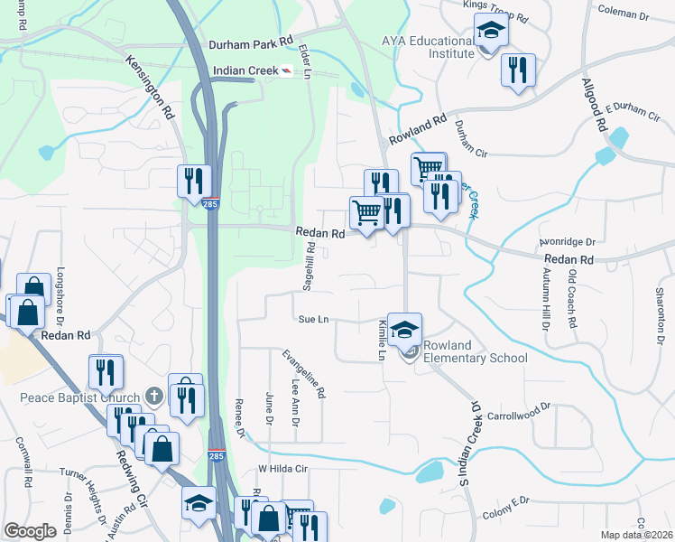 map of restaurants, bars, coffee shops, grocery stores, and more near 1076 Crossings Court in Stone Mountain