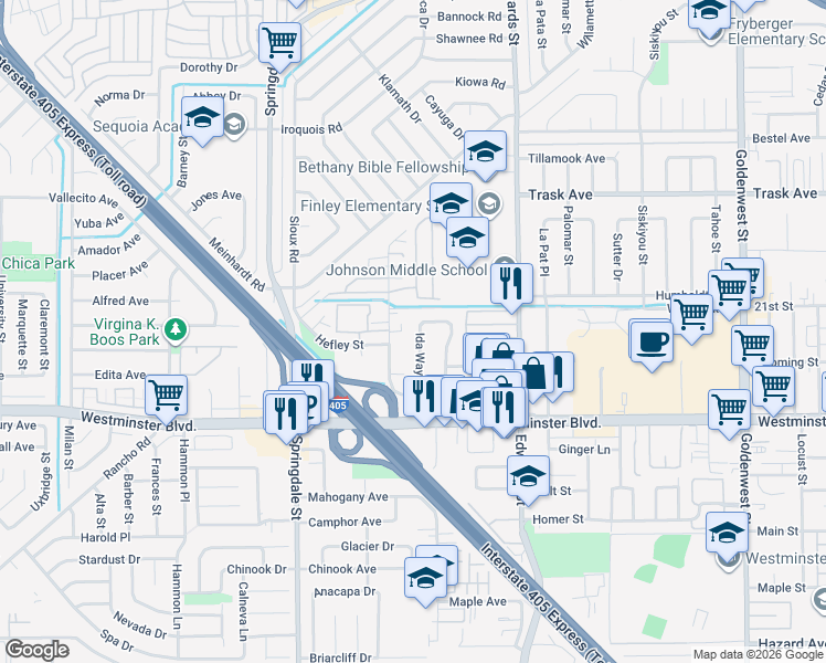 map of restaurants, bars, coffee shops, grocery stores, and more near 13781 Ida Way in Westminster