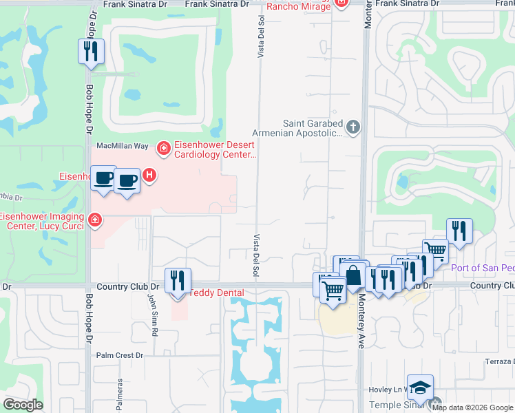 map of restaurants, bars, coffee shops, grocery stores, and more near 39937 Vista Del Sol in Rancho Mirage
