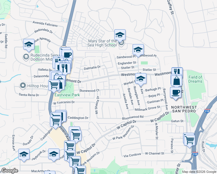 map of restaurants, bars, coffee shops, grocery stores, and more near 1921 Mount Shasta Drive in Los Angeles