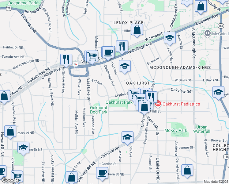 map of restaurants, bars, coffee shops, grocery stores, and more near 267 Cambridge Avenue in Decatur