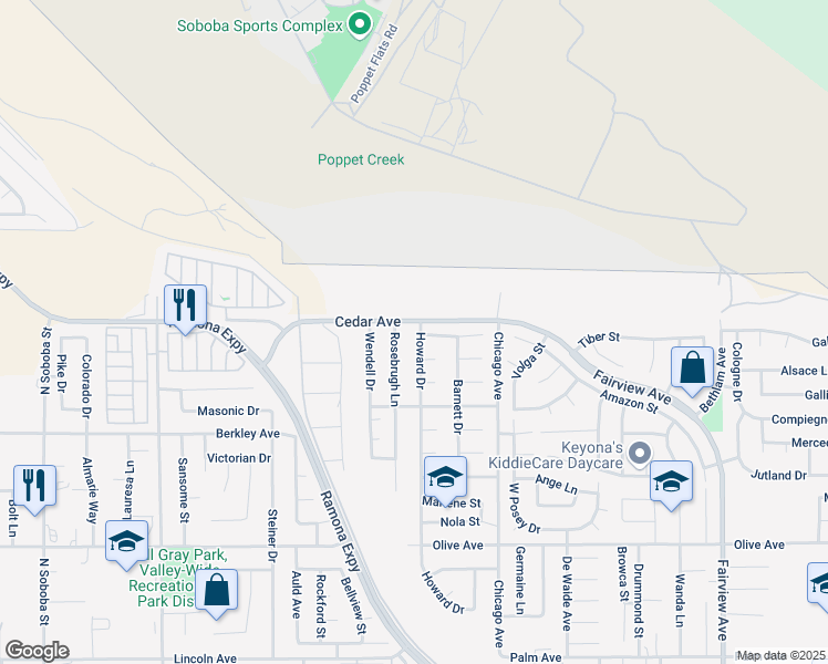 map of restaurants, bars, coffee shops, grocery stores, and more near 24773 Howard Drive in Hemet