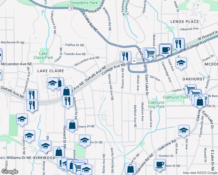 map of restaurants, bars, coffee shops, grocery stores, and more near 310 Murray Hill Avenue Northeast in Atlanta