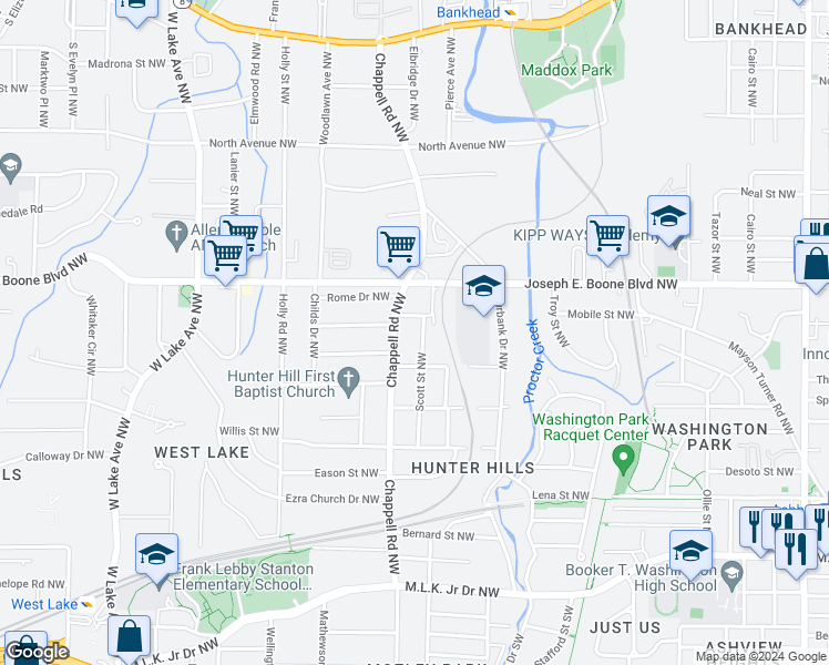 map of restaurants, bars, coffee shops, grocery stores, and more near 257 Scott Street Northwest in Atlanta
