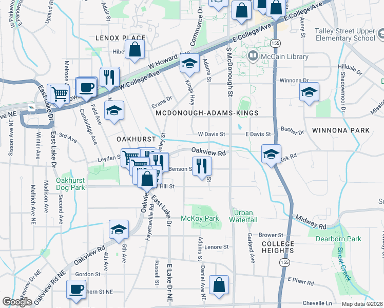 map of restaurants, bars, coffee shops, grocery stores, and more near 540 Oakview Road in Decatur