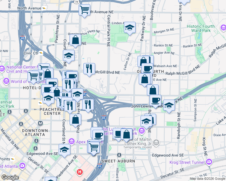 map of restaurants, bars, coffee shops, grocery stores, and more near in Atlanta